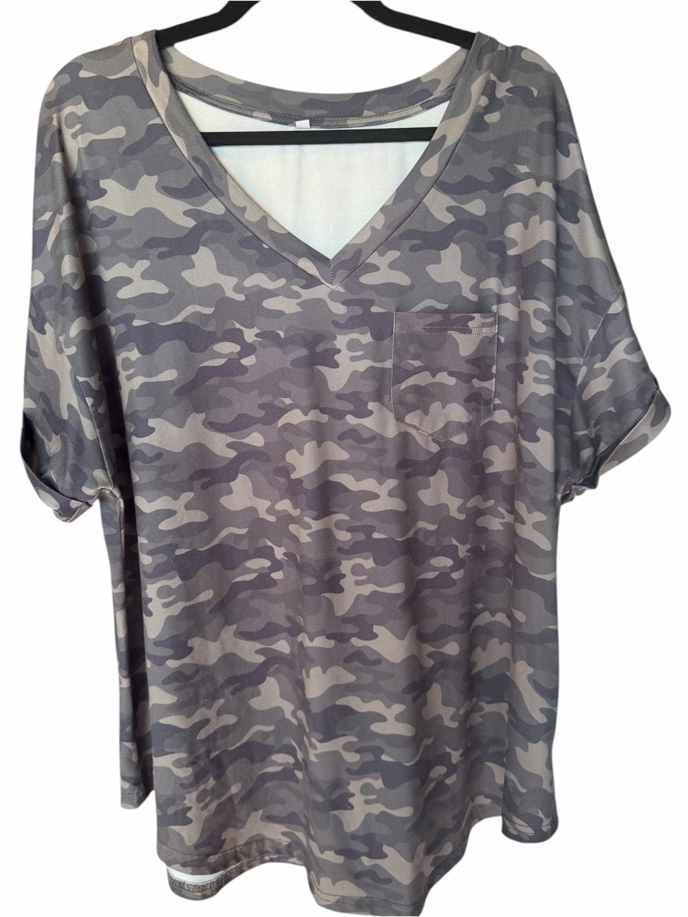 Women's V-Neck Short Sleeve Camo Top - Gray Camouflage
